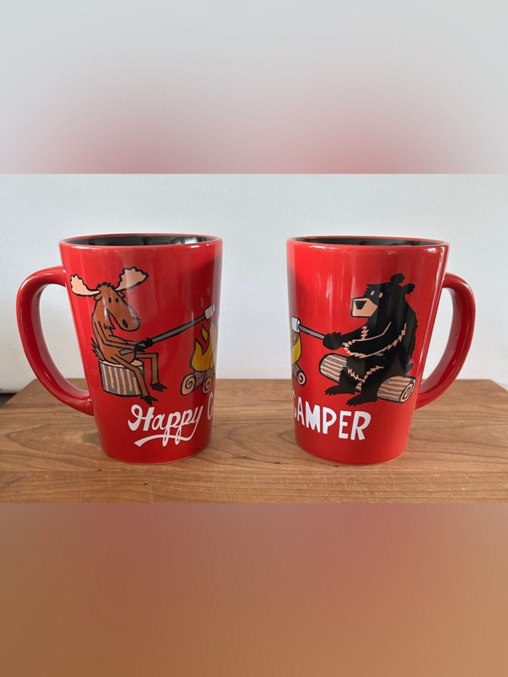 Lazy One “Happy Camper” Red 12oz Mug Set Bear & Moose Roasting Marshmallows